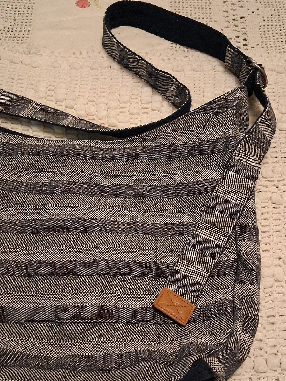 Striped Gray And Navy Cotton Messenger Bag
